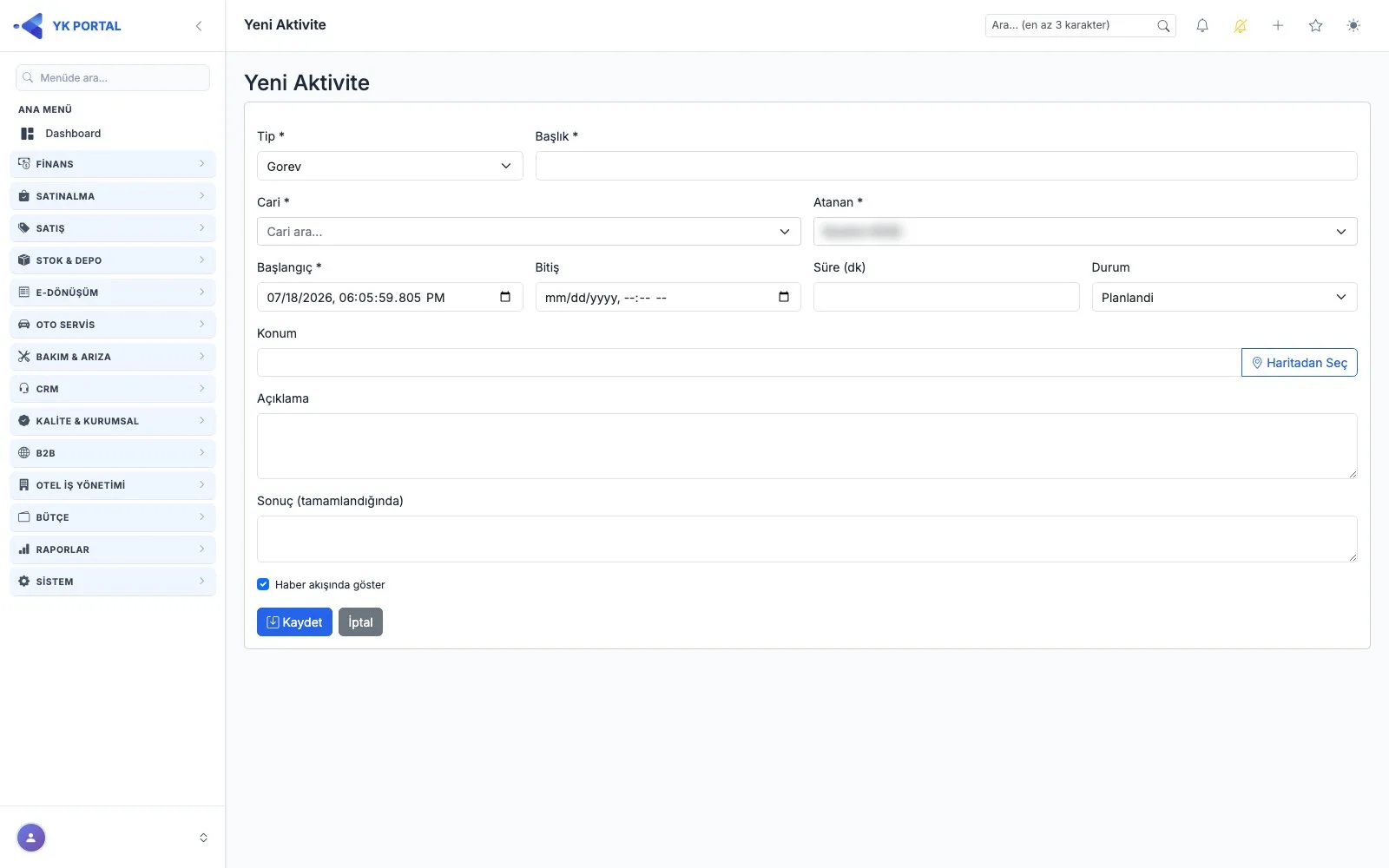 CRM Programı — Aktivite (Görüşme/Arama/Not) Ekleme ekranı