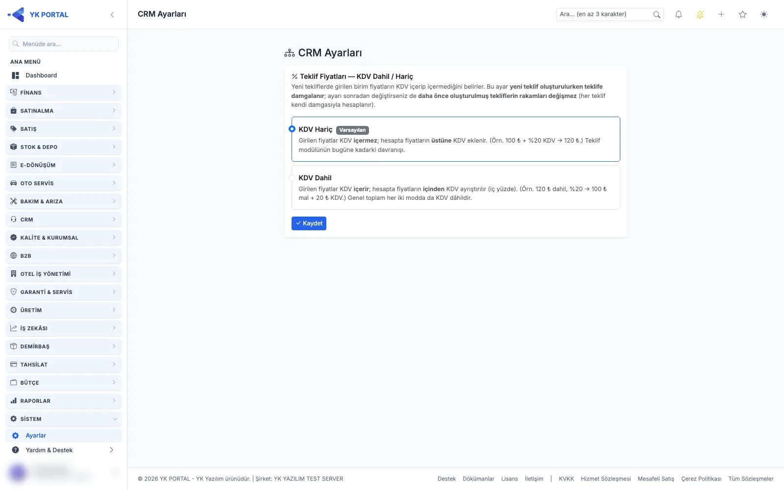 CRM Programı — CRM Ayarları — Teklif Fiyatları KDV Dahil / Hariç ekranı