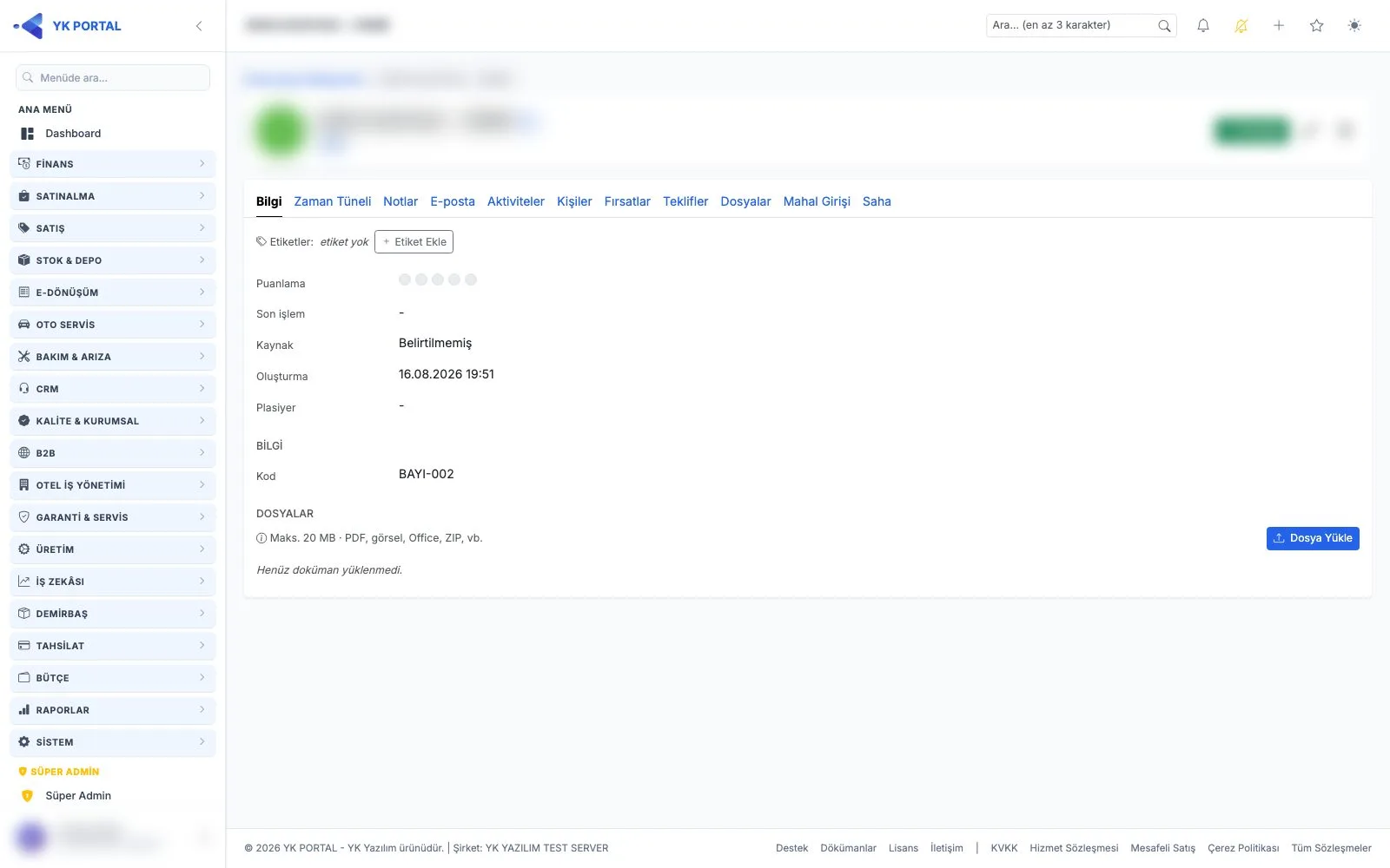 CRM Programı — CRM Cari Detay 360 Görünümü ekranı