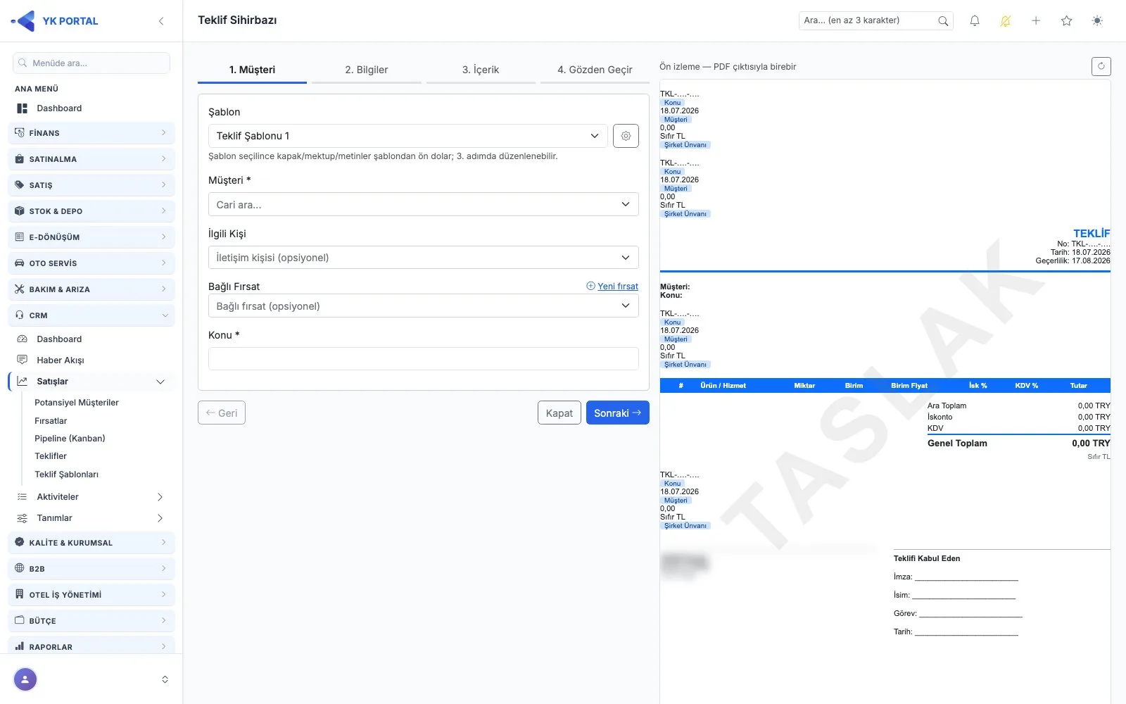 CRM Programı — CRM Teklif Sihirbazı — Adım Adım ekranı