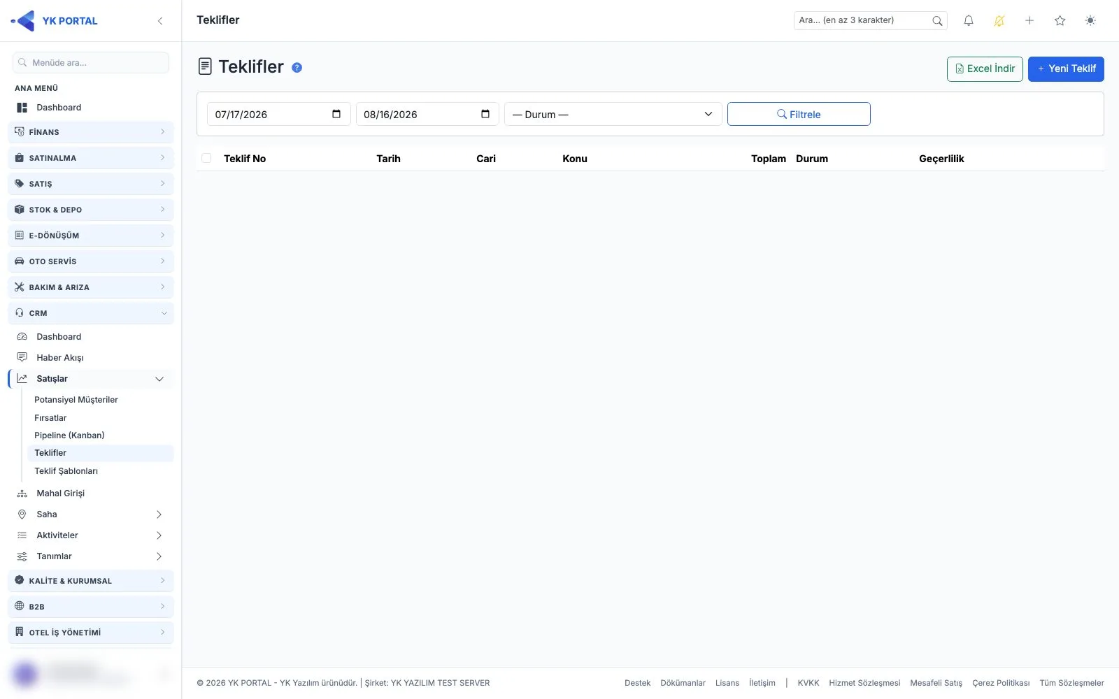 CRM Programı — Dövizli Teklifler ve TL Karşılığı ekranı