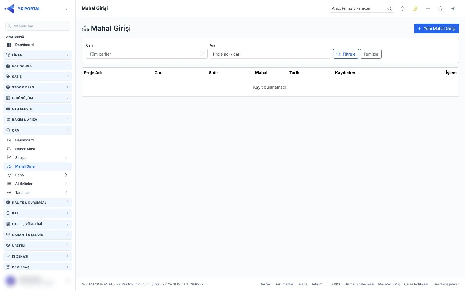 CRM Programı — Mahal Girişi (Cariye Bağlı Mahal Listeleri) ekranı