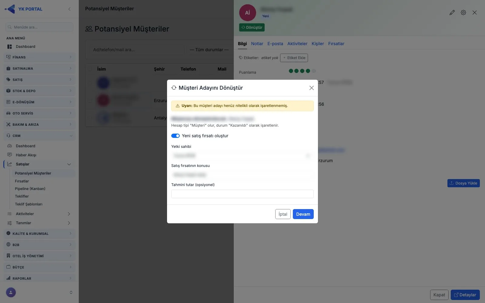 CRM Programı — Potansiyeli Müşteriye Dönüştürme ekranı