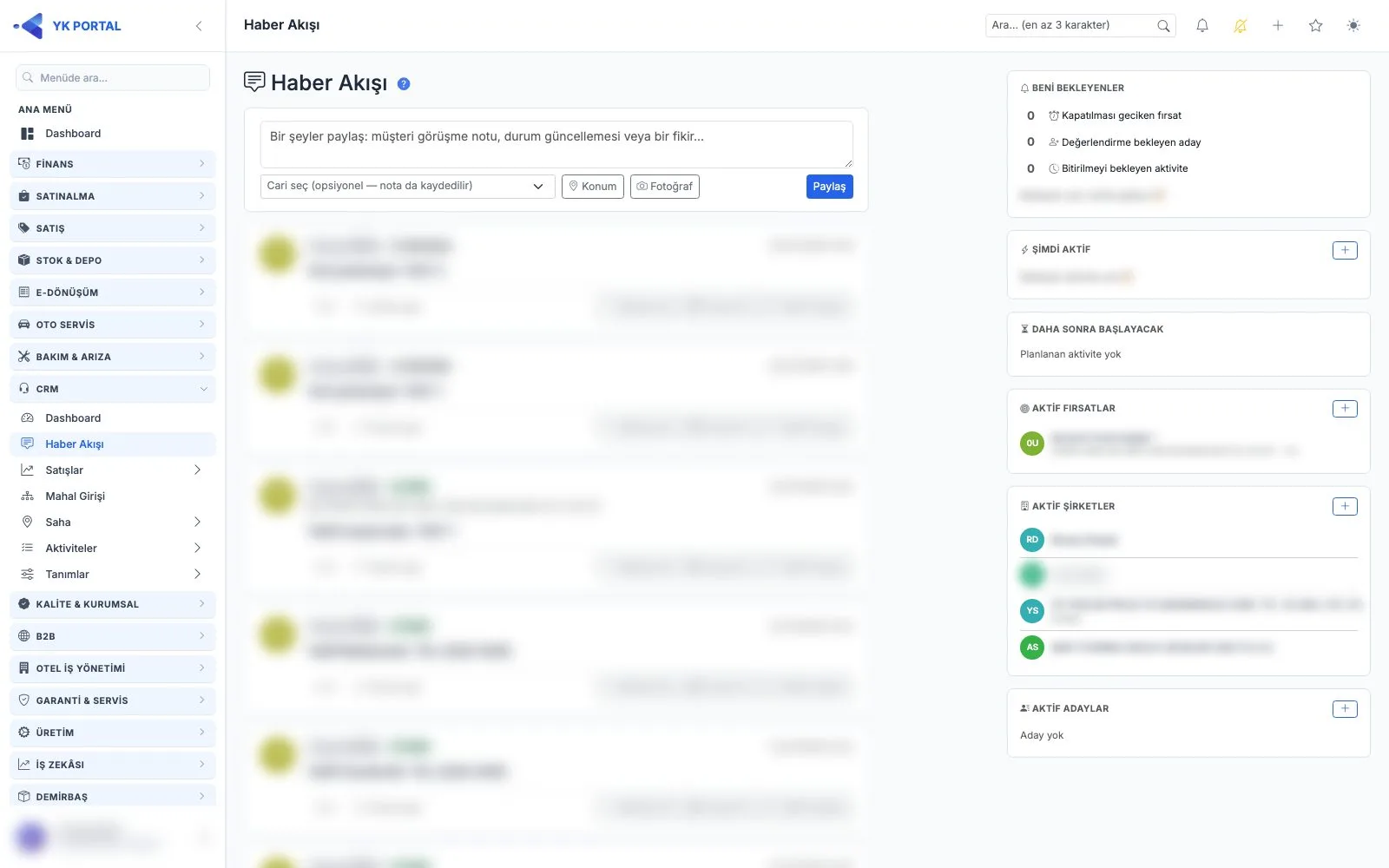 CRM Programı — Saha Kayıtları Haber Akışı'nda ekranı