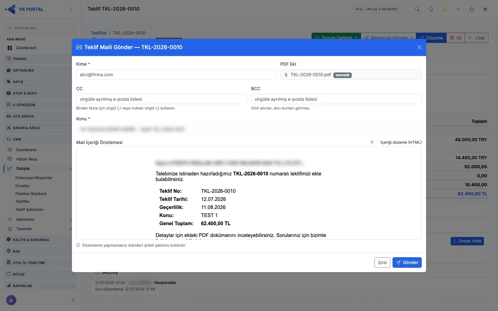CRM Programı — Teklifi Müşteriye Gönderme ekranı