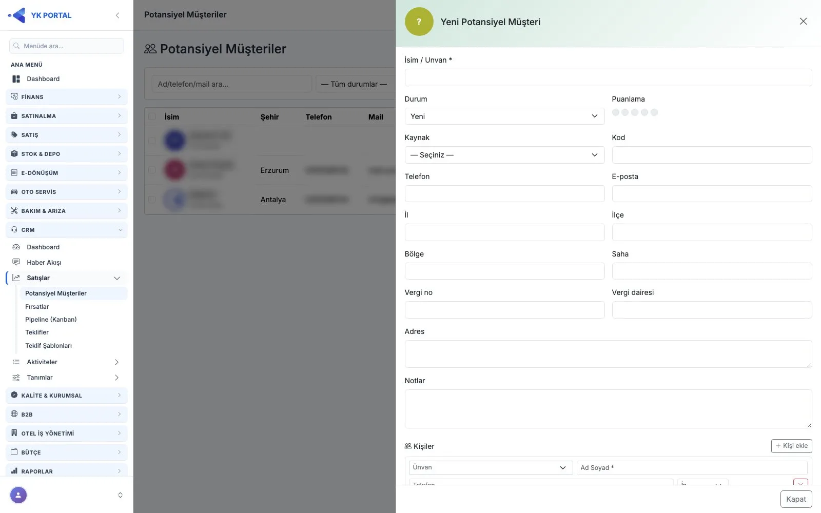 CRM Programı — Yeni Potansiyel Müşteri Kaydetme ekranı